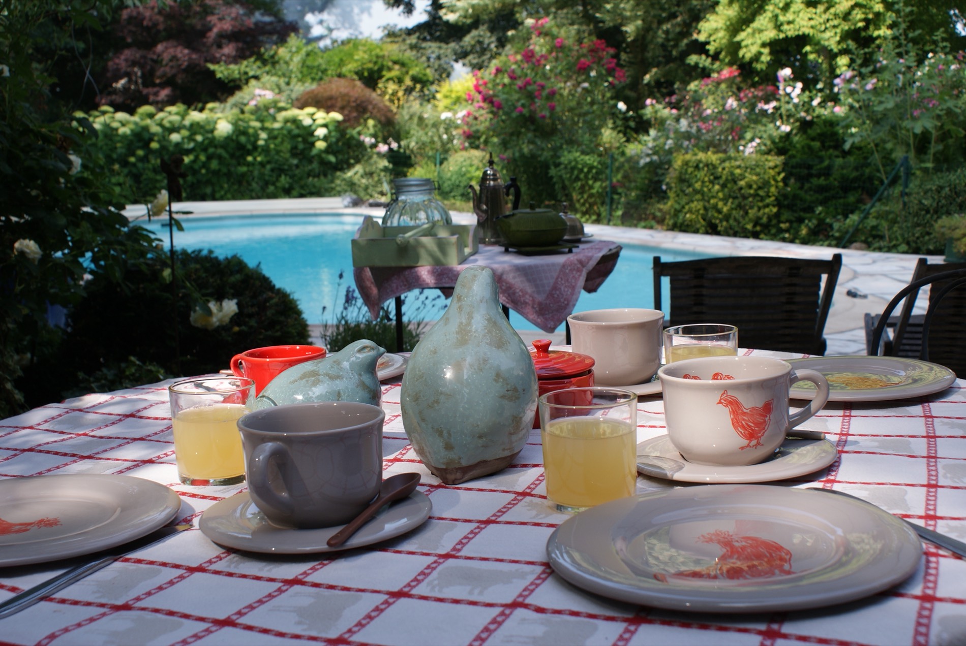Le petit-déjeuner de La Roseraie servi au bord de la piscine, sur une nappe à carreaux rouges